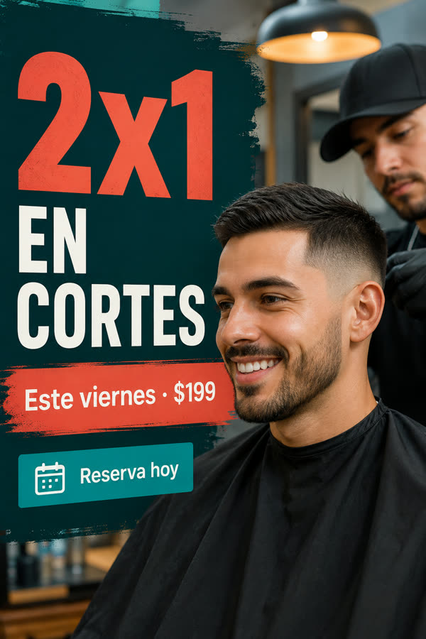 Anuncio del 2×1 en cortes para el viernes de una barbería, hecho con Crear